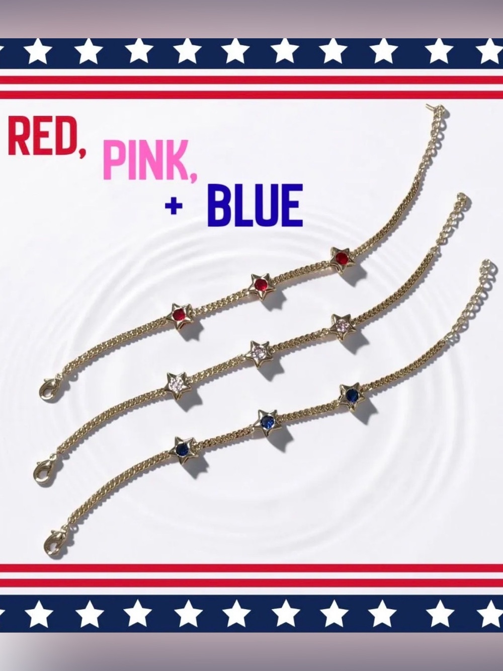 BUNDLE Gold Star Bracelet Trio with Red, Pink, and Blue Stones NEW - Picture 2 of 4